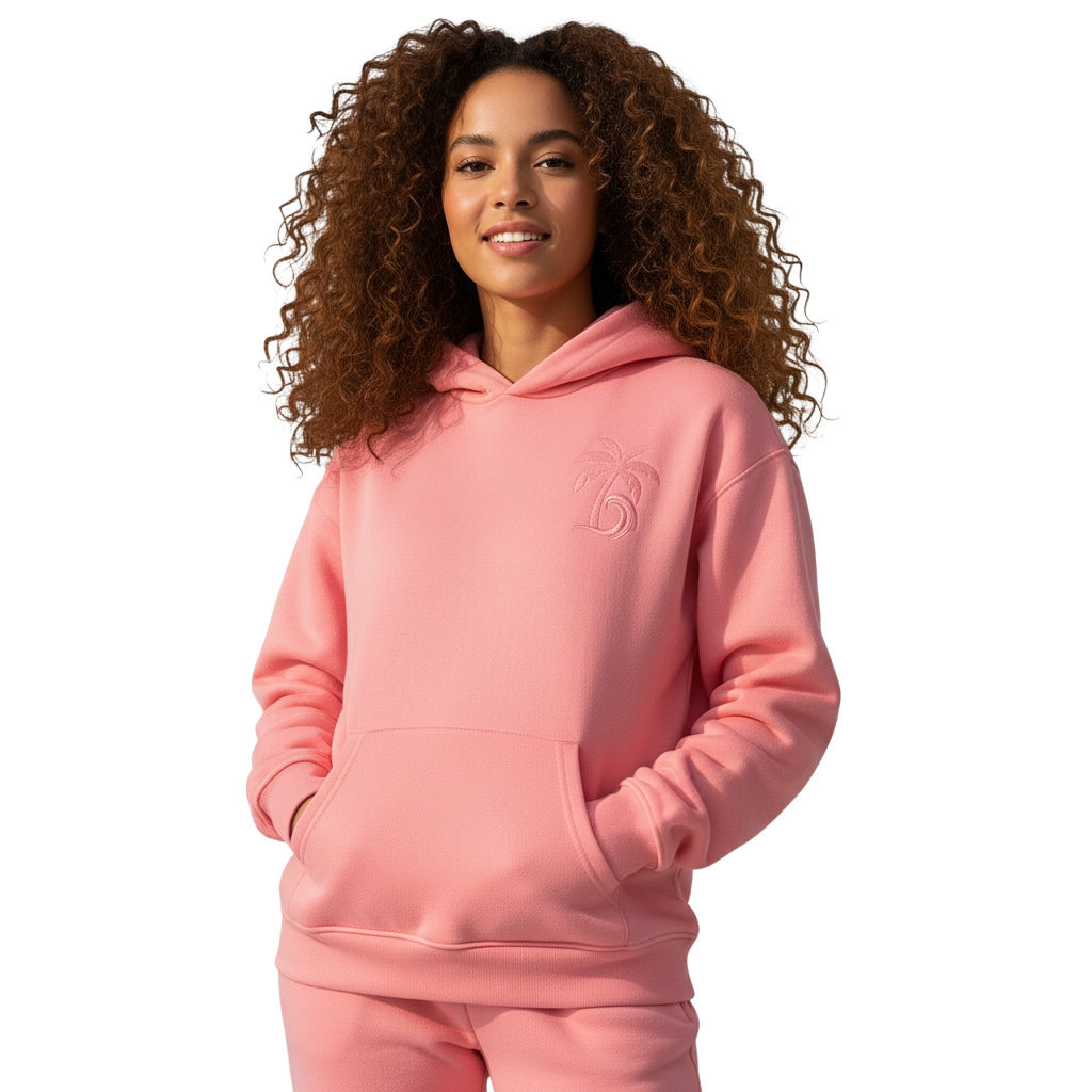 Woman wearing a pink hoodie with a logo on a white background