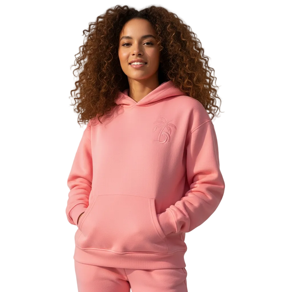 Person wearing a pink hoodie with a logo on a transparent background