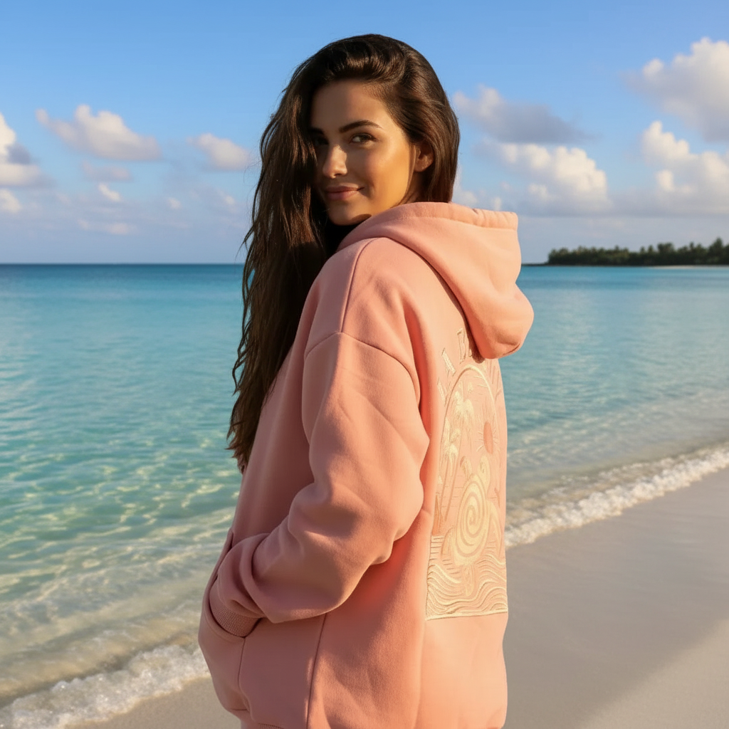 Woman wearing a pink hoodie on a beach with palm trees and ocean in the background